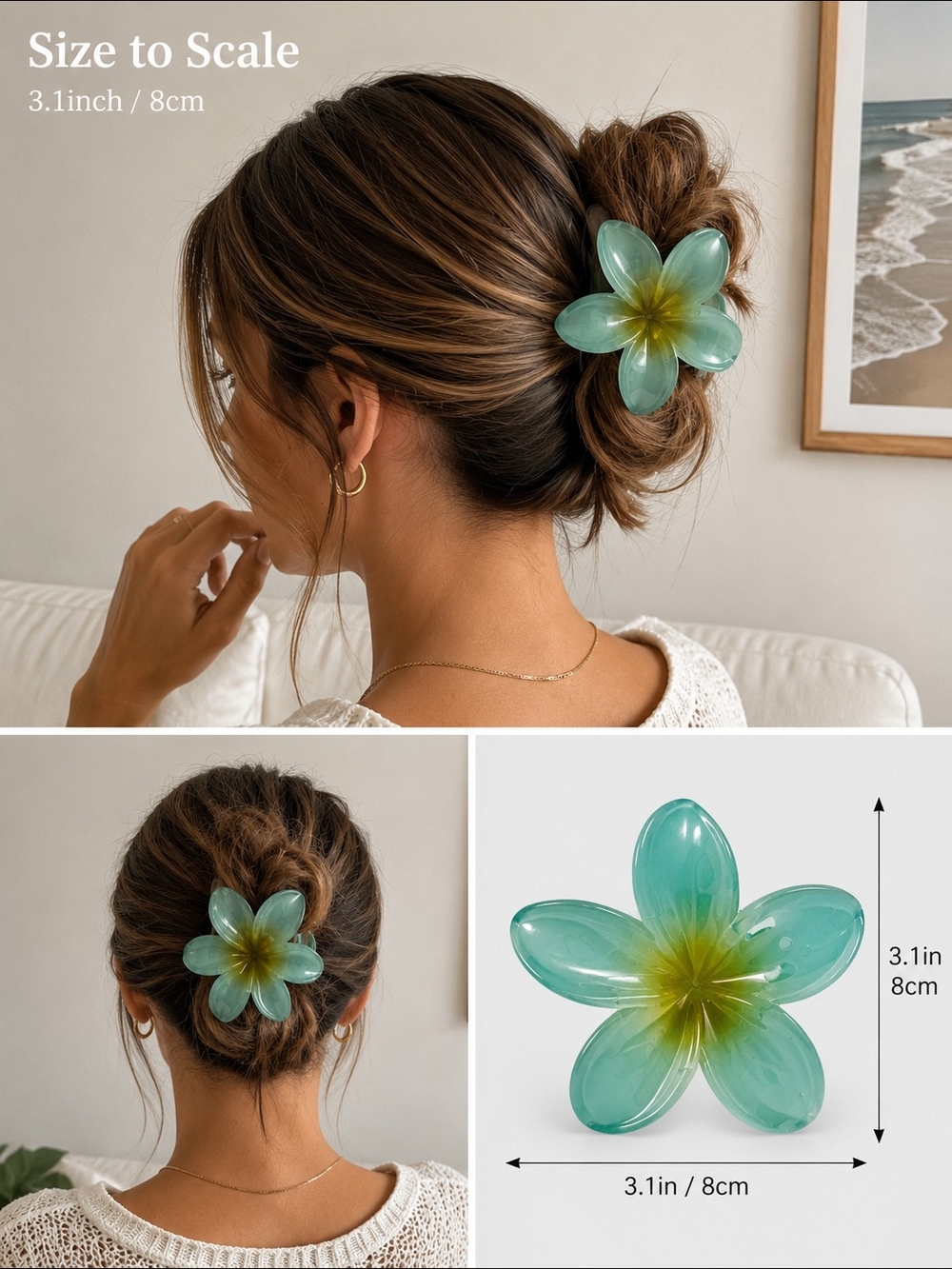 Blue Teal Plumeria Flower Hair Claw Clip – Large 3.1" – Brand New